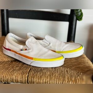 Vans White Slip-On Sneakers with Rainbow Trim